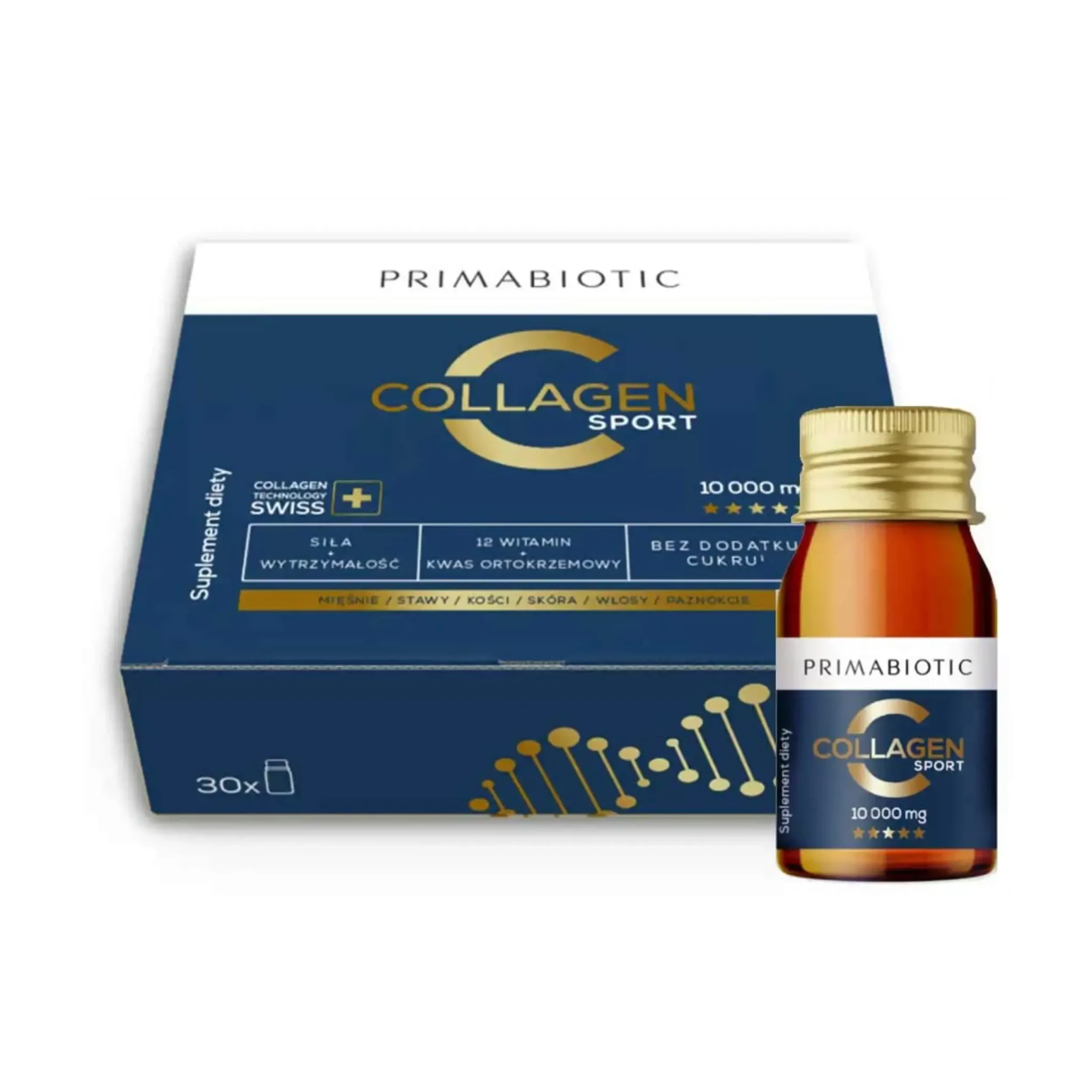 Opakowanie zestawu Kolagen Sport Primabiotic z widoczną pojedynczą buteleczką na białym tle.