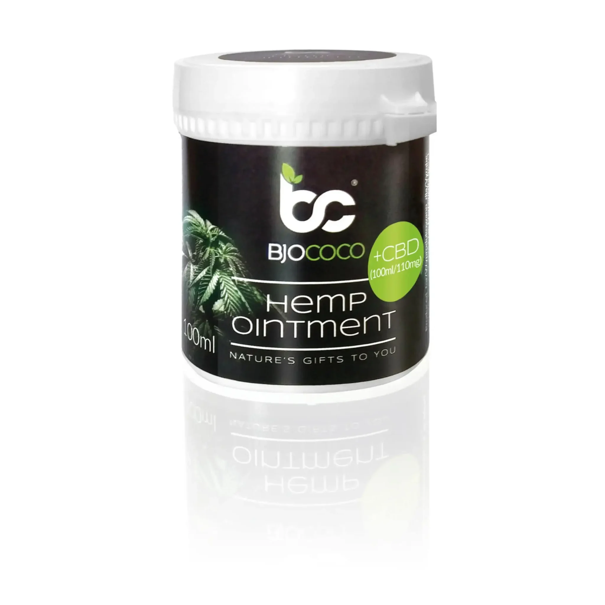 Opakowanie maści konopnej z CBD BjoCoco o pojemności 100 ml na białym tle.