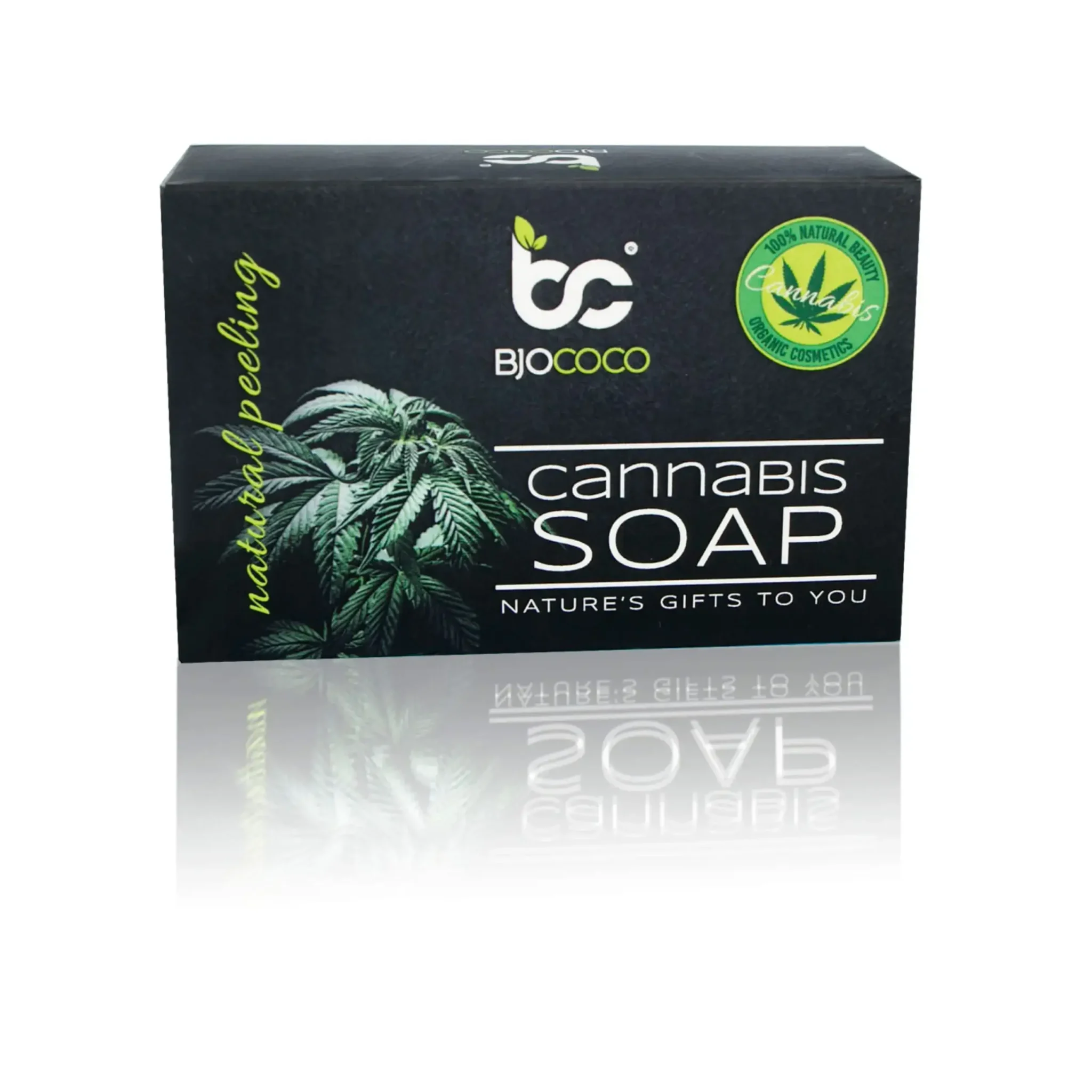 Kartonowe opakowanie mydła konopnego BjoCoco z naturalnym peelingiem i certyfikatem organicznych kosmetyków.