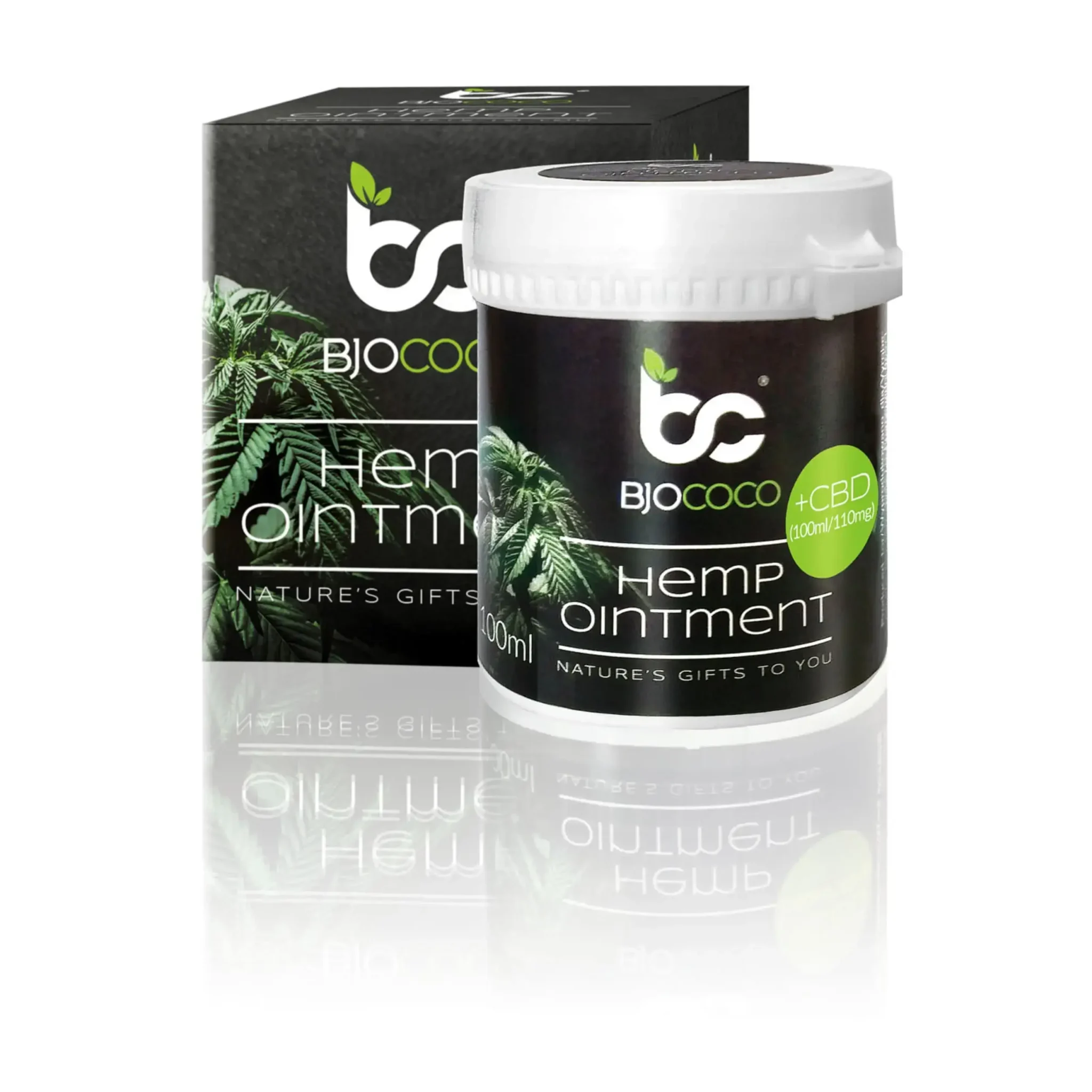 Zestaw maści konopnej BjoCoco – plastikowe opakowanie i kartonowe pudełko, widoczne na białym tle.