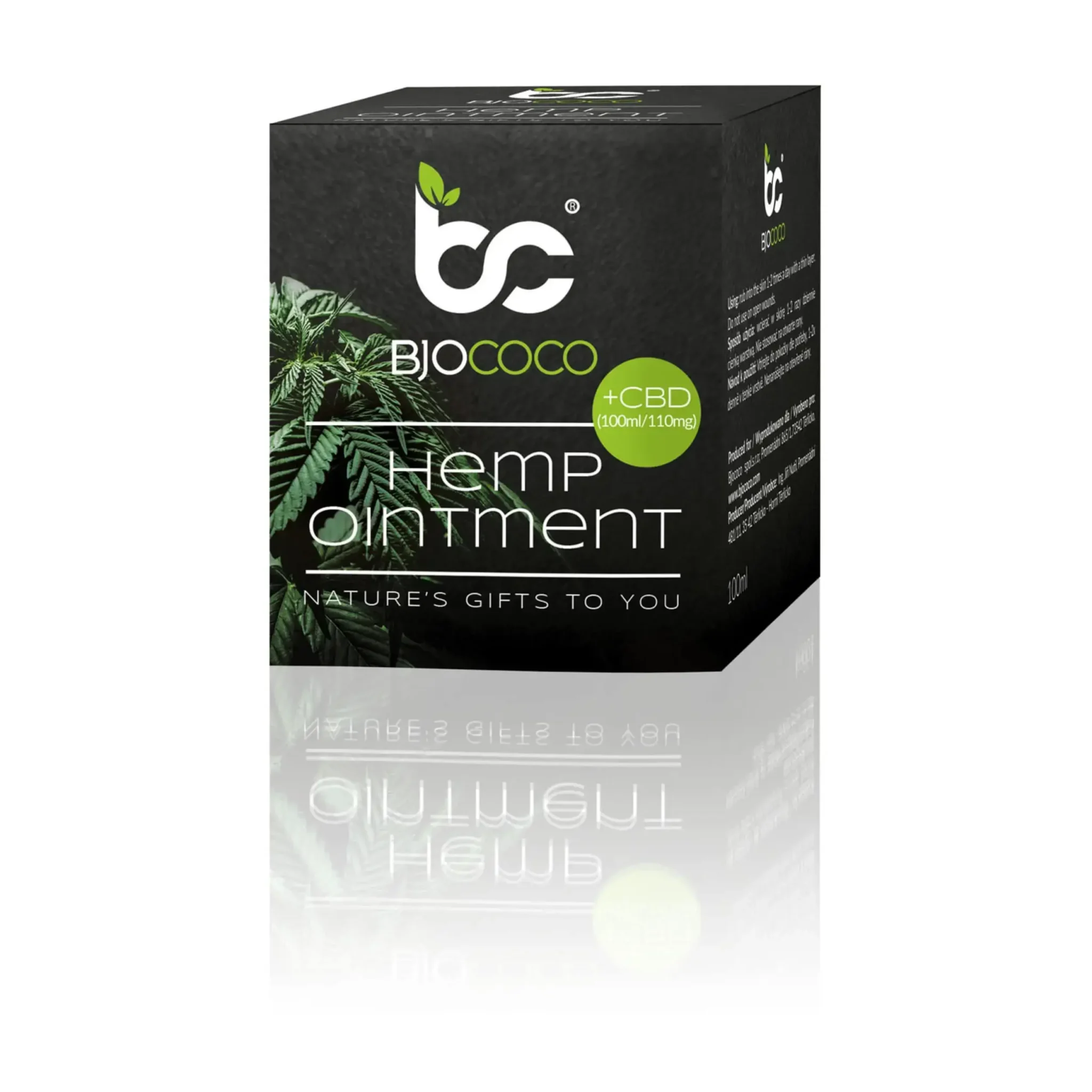 Kartonowe pudełko maści konopnej z CBD BjoCoco, zawierające szczegóły produktu, na białym tle.