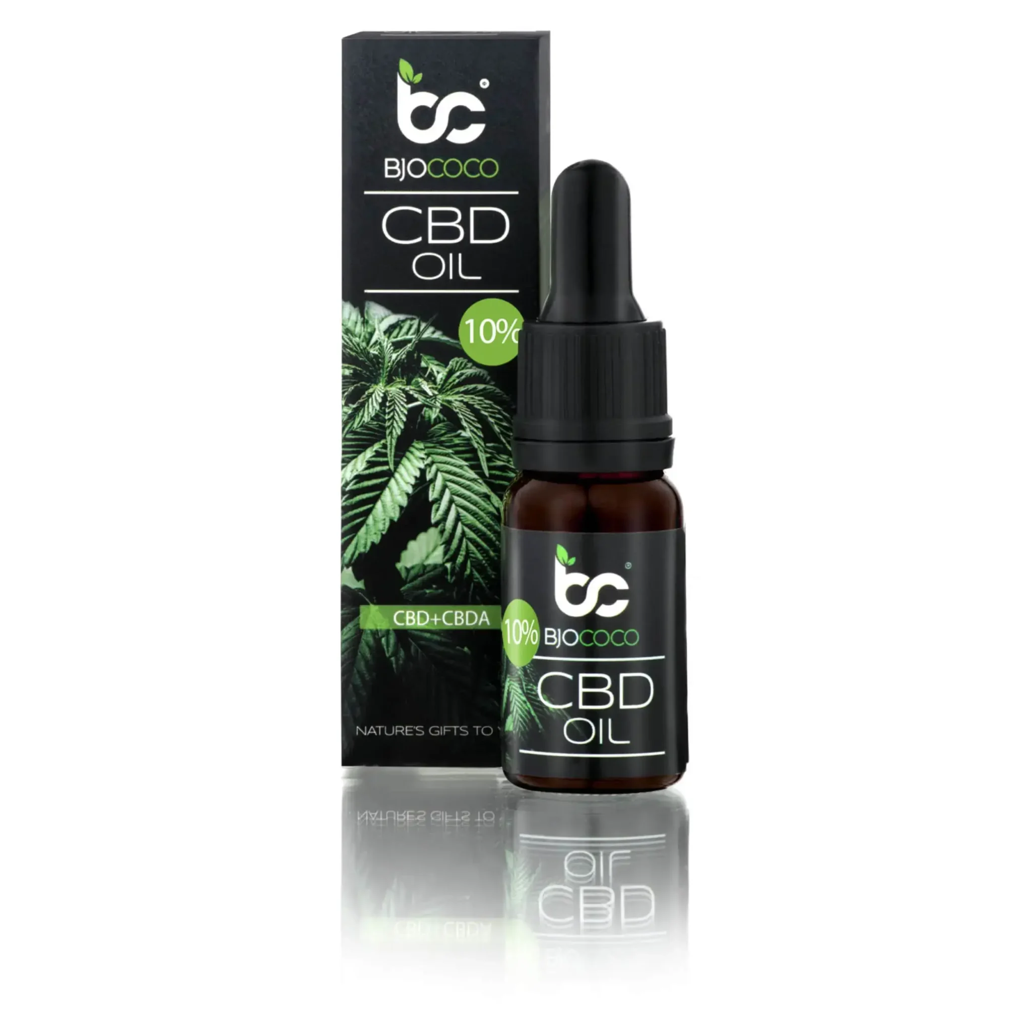 Olejek CBD 10% BJOCOCO w buteleczce z pipetą, opakowanie z liśćmi konopi w tle.
