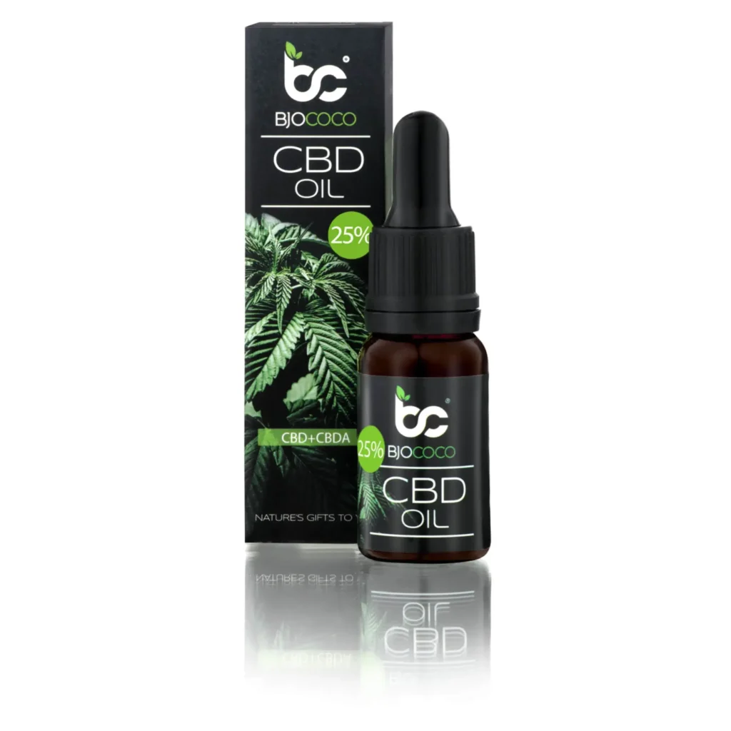 Zestaw olejku CBD BJOCOCO 25% w butelce z pipetą i kartonowym opakowaniem z motywem liści.