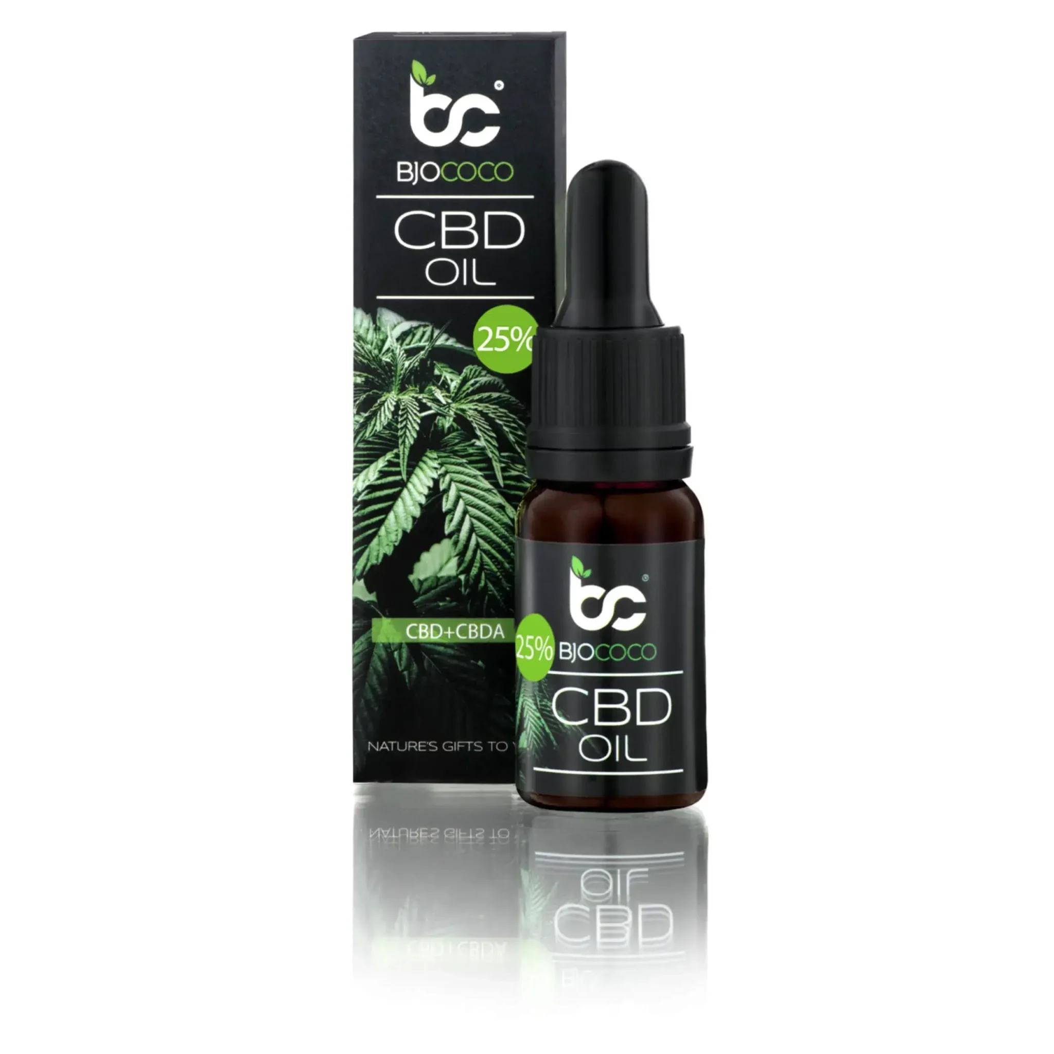 Zestaw olejku CBD BJOCOCO 25% w butelce z pipetą i kartonowym opakowaniem z motywem liści.