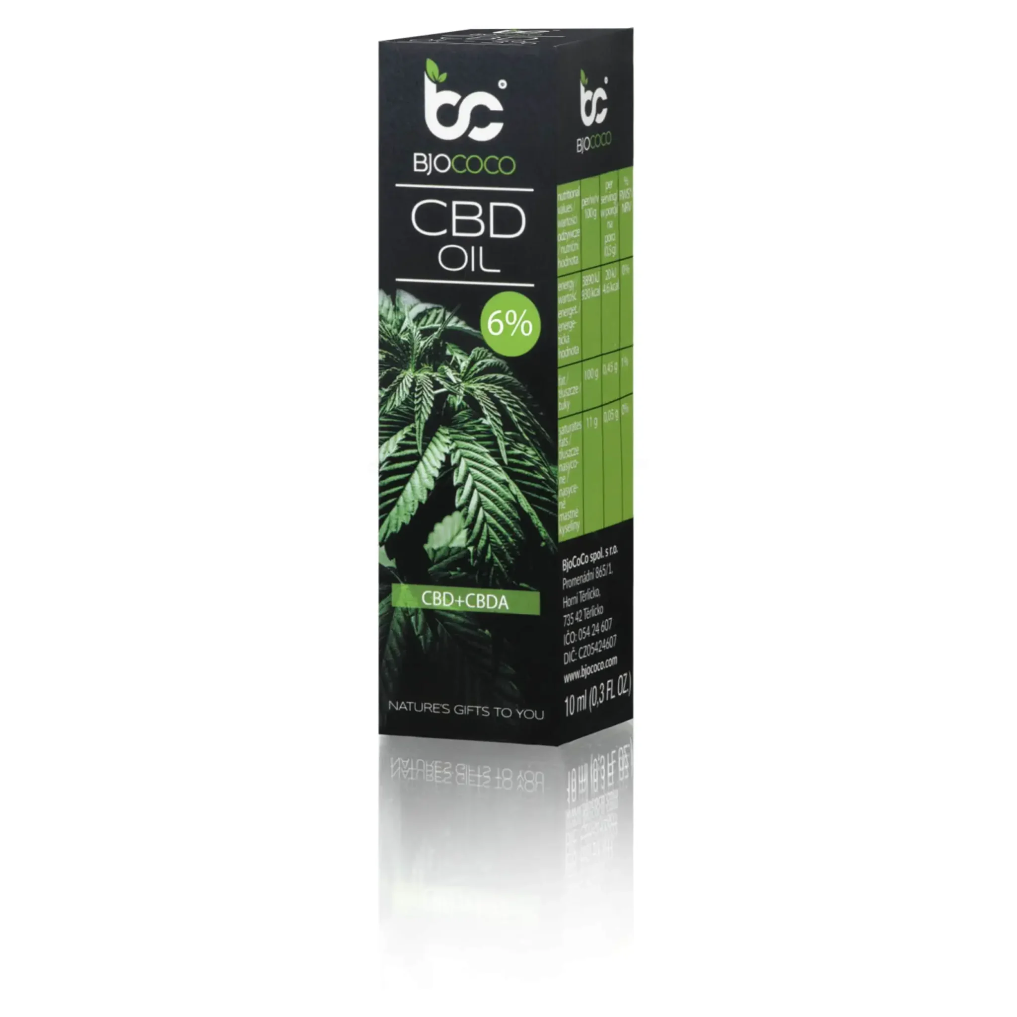 Opakowanie olejku CBD 6% BJOCOCO z informacjami o składzie, na tle liści konopi.