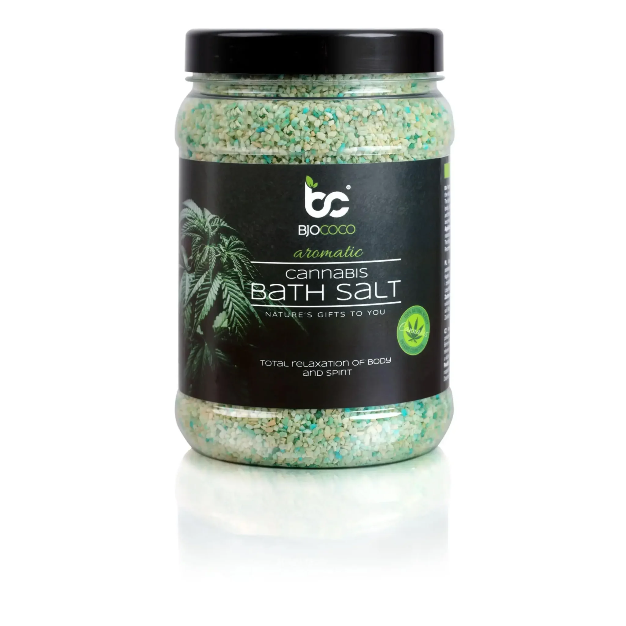 Opakowanie aromatycznej soli do kąpieli z konopi marki BjoCoco, widoczne na białym tle, idealne dla relaksu ciała i ducha.