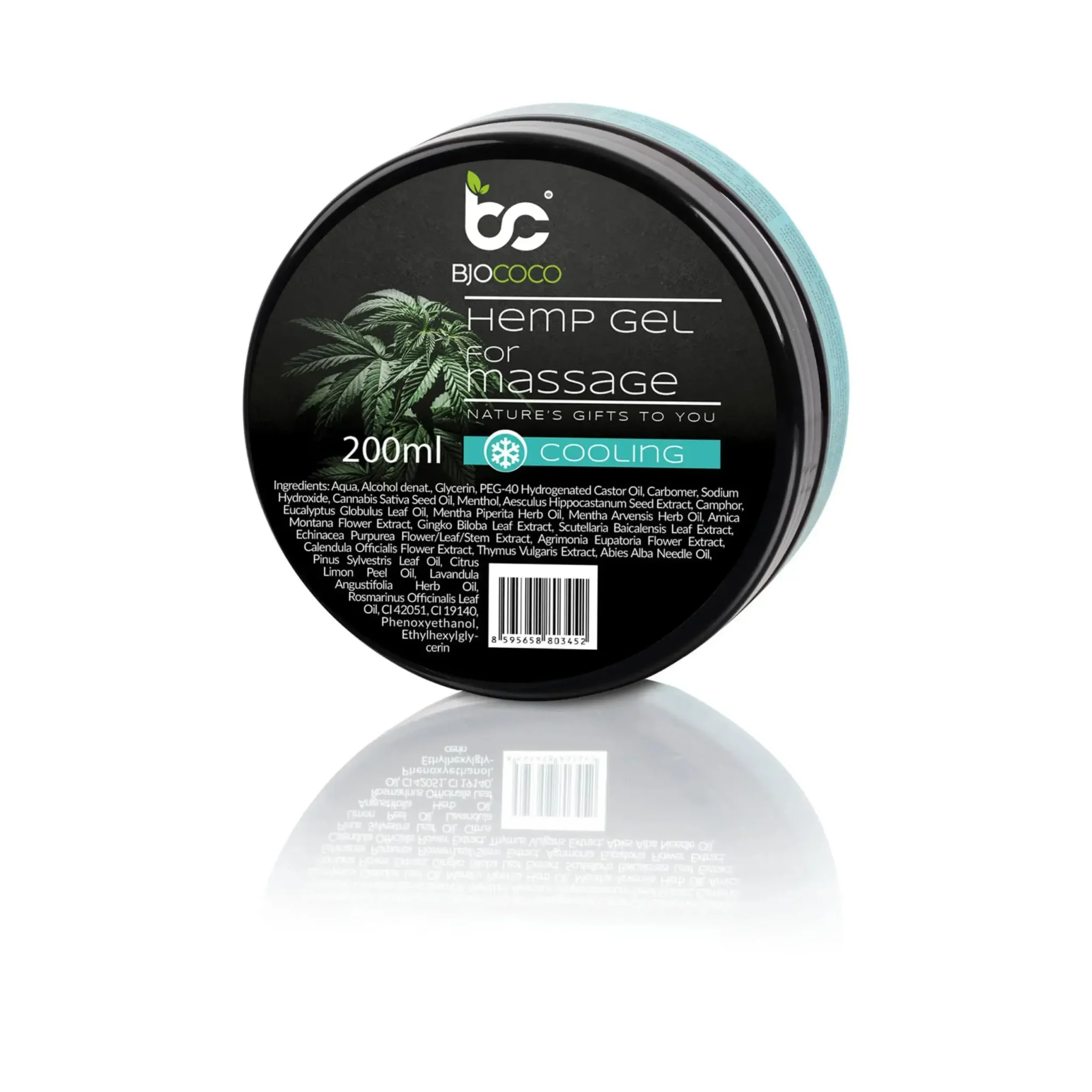 Opakowanie chłodzącego żelu do masażu z olejem konopnym i CBD marki BjoCoco, pojemność 200 ml, na białym tle.