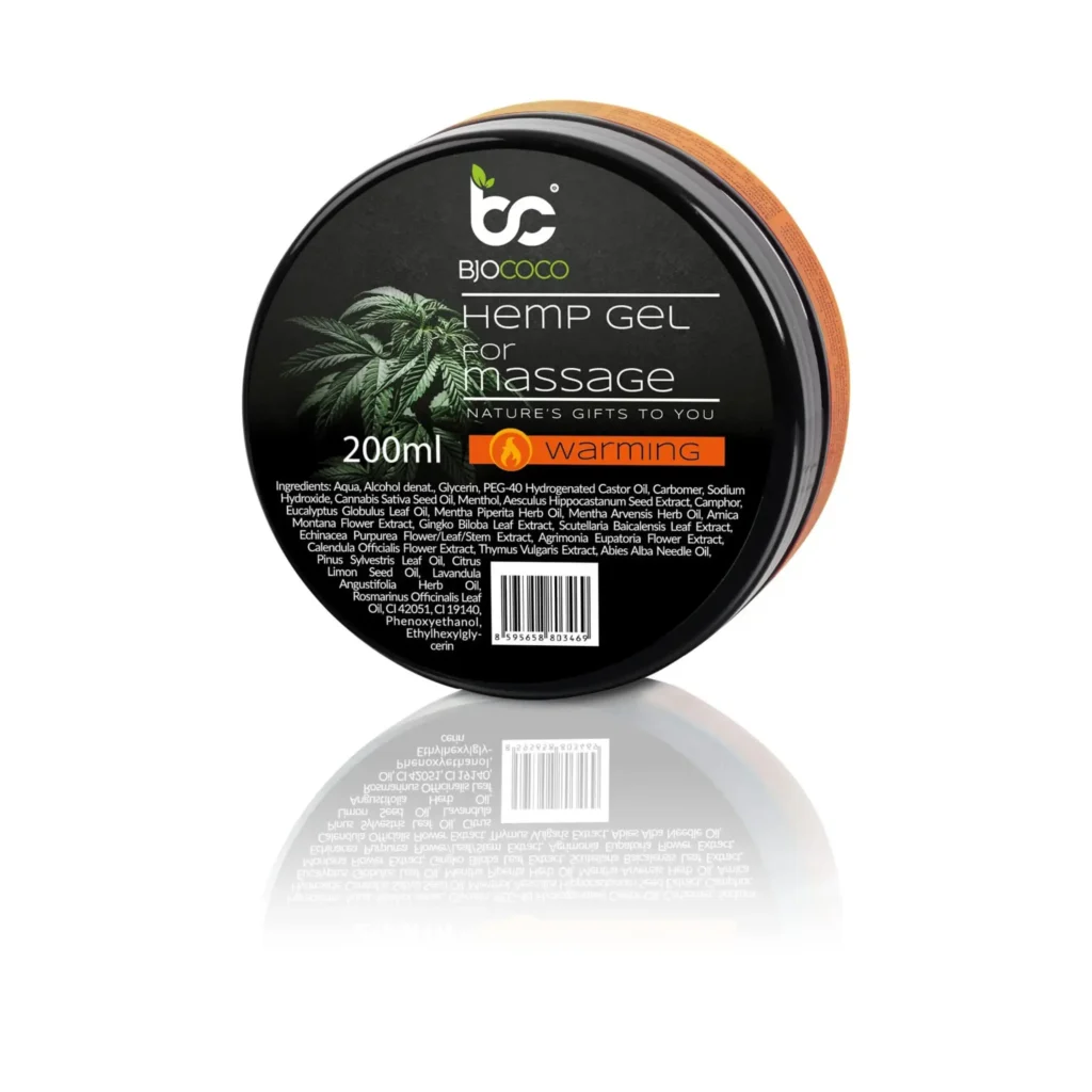 Opakowanie żelu rozgrzewającego do masażu BjoCoco z olejem konopnym, pojemność 200 ml, na białym tle.