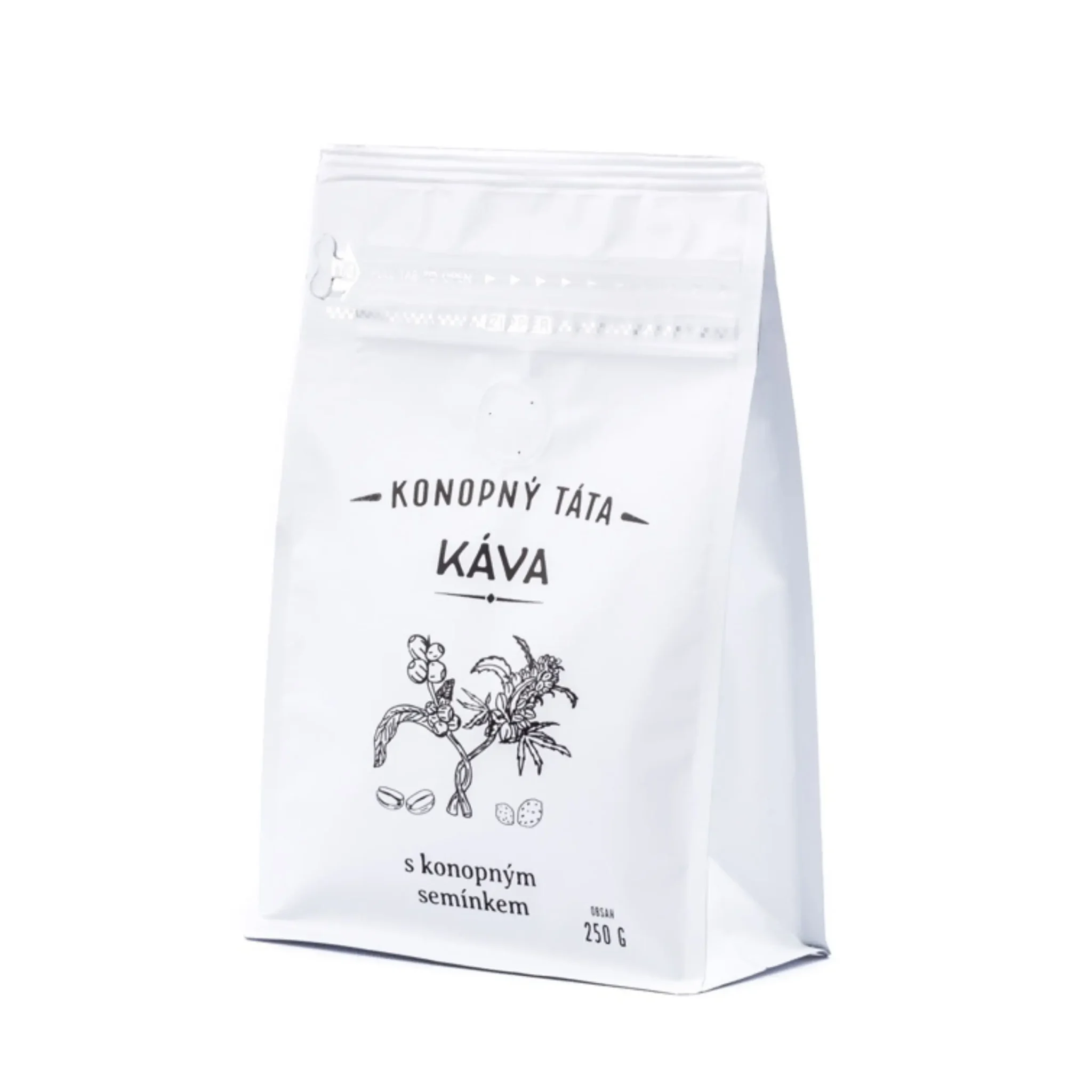 Kawa konopna Konopný Táta z konopnym nasionem w białym opakowaniu, 250 g