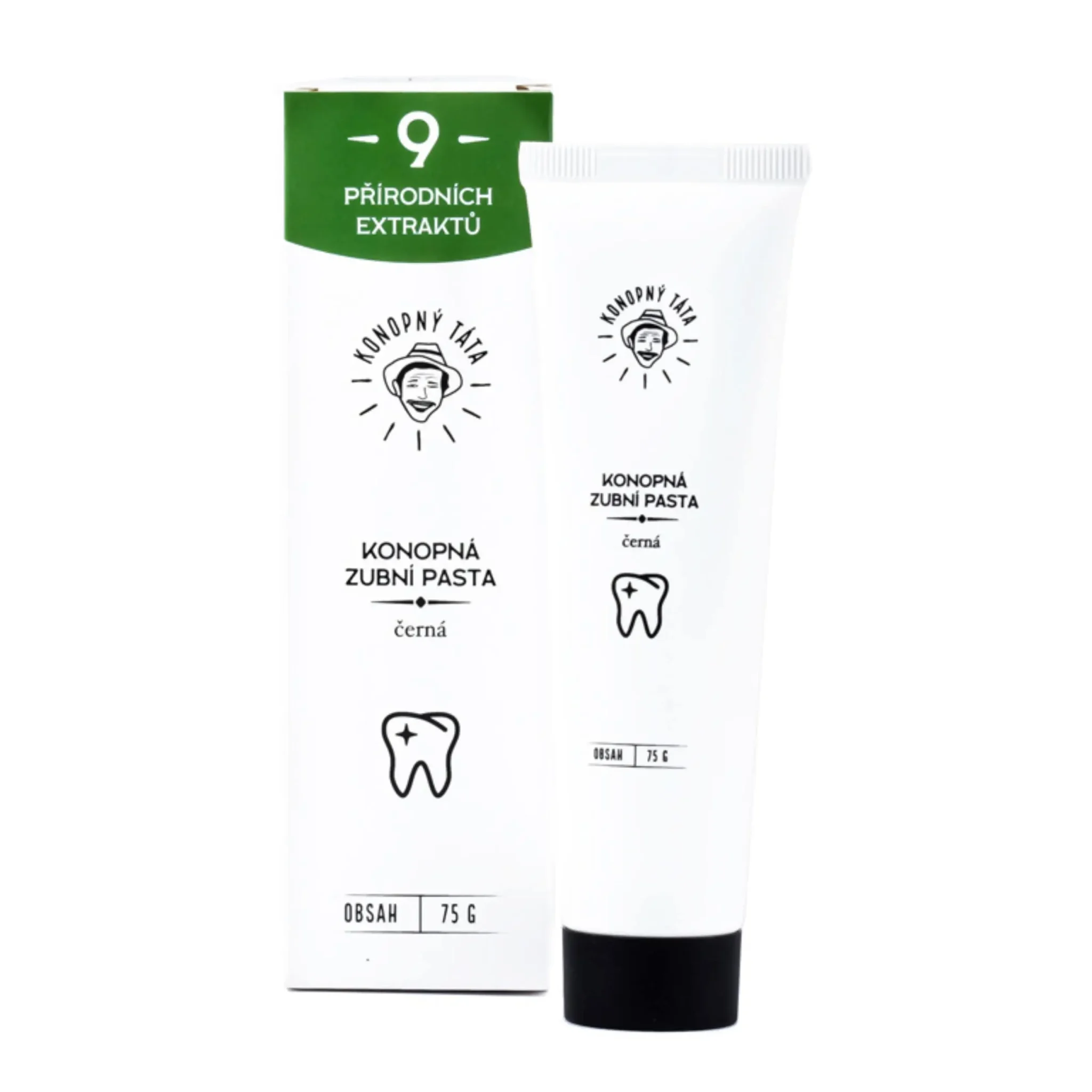 Opakowanie i tuba czarnej konopnej pasty do zębów Konopný Táta