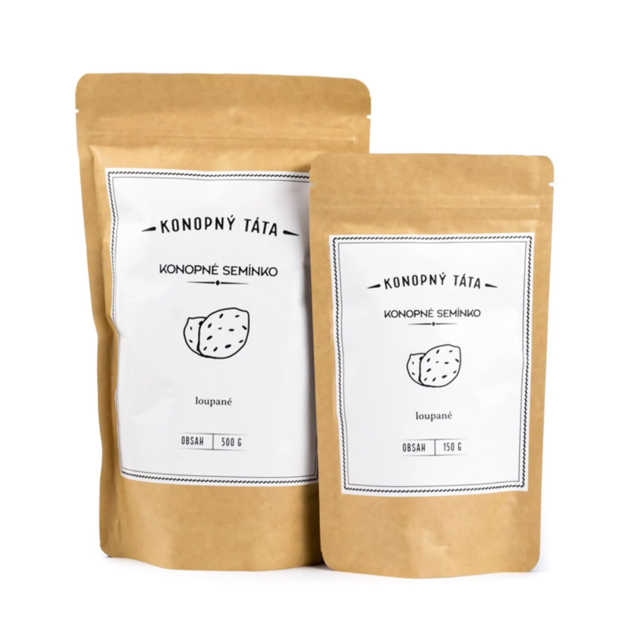 Zestaw dwóch opakowań łuskanych nasion konopi: 500 g i 150 g marki Konopný Táta