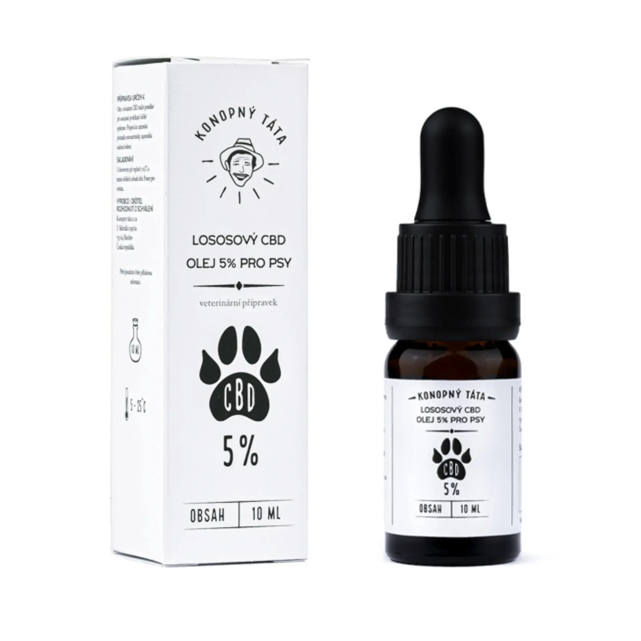 Zestaw: opakowanie i butelka olejku CBD 5% dla psów marki Konopný Táta, 10 ml